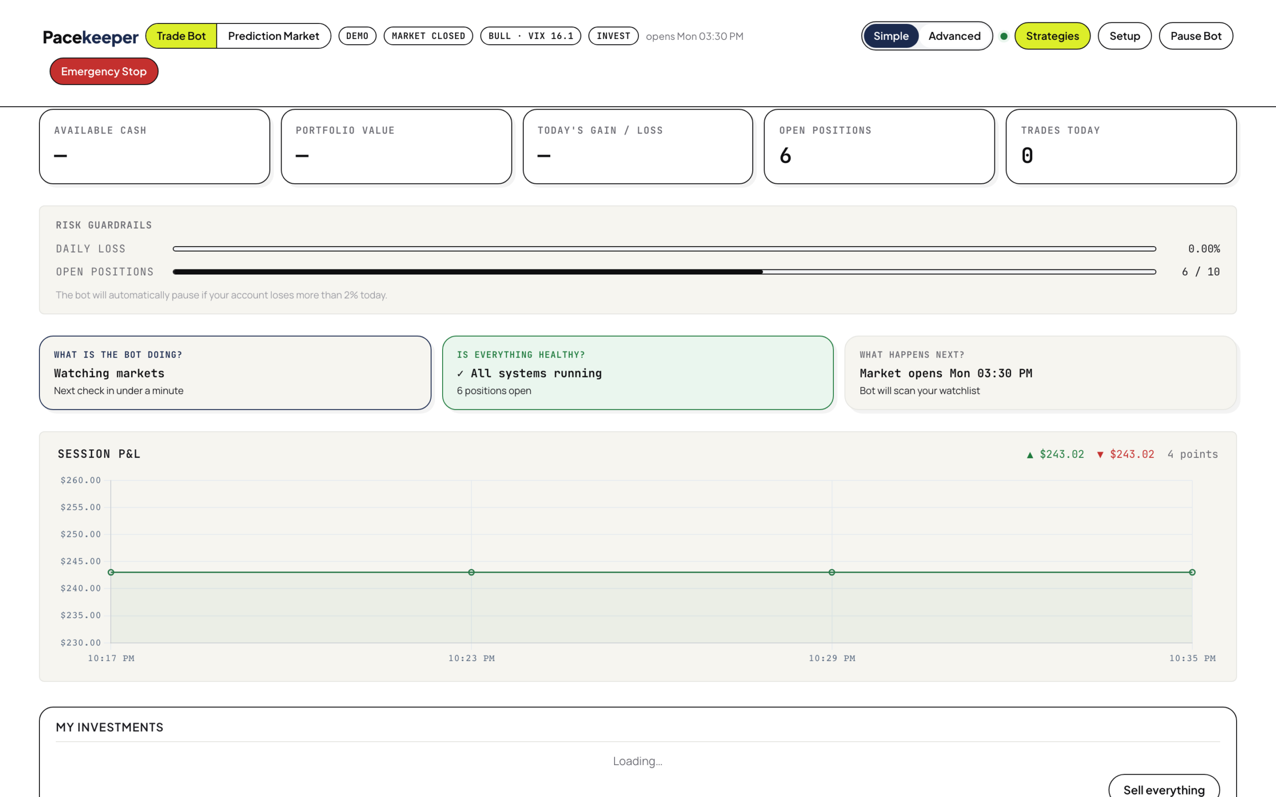 Pacekeeper Trade Bot dashboard